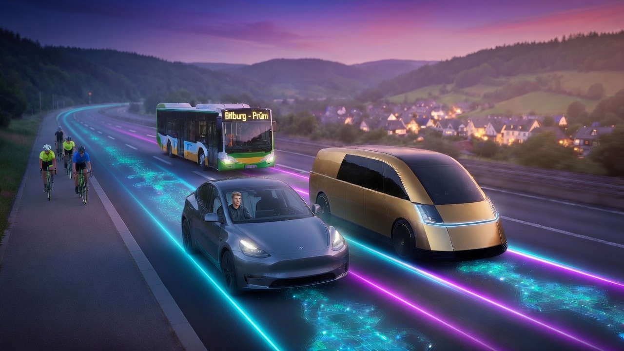 Tesla FSD Pilotprojekt: autonomer Bürgerbus in der Eifel Bitburg-Prüm. Mit dem autonomen Robotaxi unterwegs.