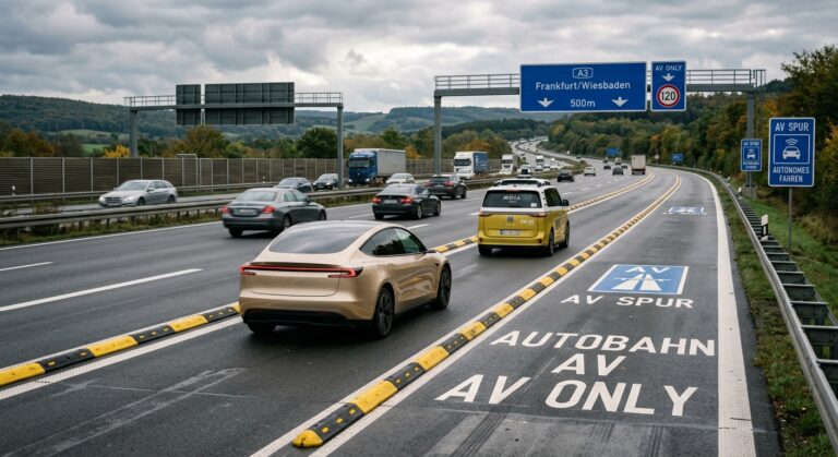 Tesla Robotaxi Model Y und ID Buzz AD auf dem autonomem Seitenstreifen der deutschen Autobahn