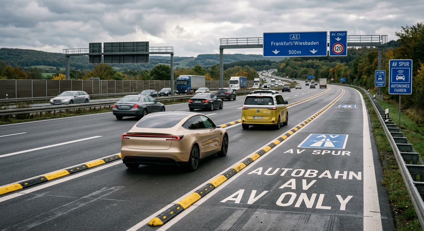 Tesla Robotaxi Model Y und ID Buzz AD auf dem autonomem Seitenstreifen der deutschen Autobahn