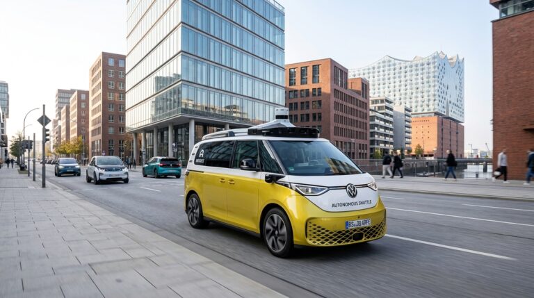 Autonomes MOIA Robotaxi VW ID Buzz AD im Testbetrieb im Hamburger Stadtverkehr.