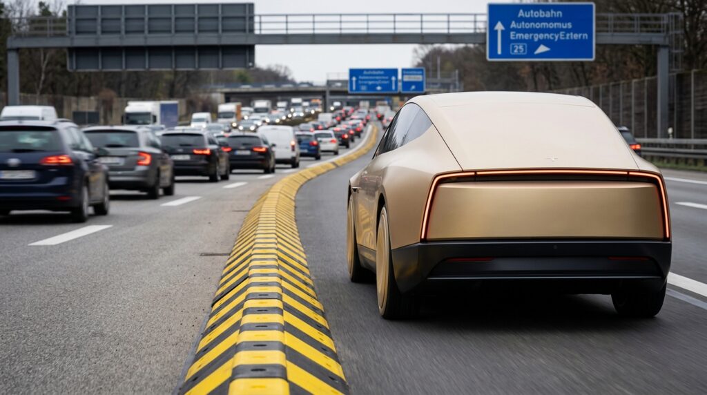 Tesla Cybercab auf dem autonomem Seitenstreifen der deutschen Autobahn