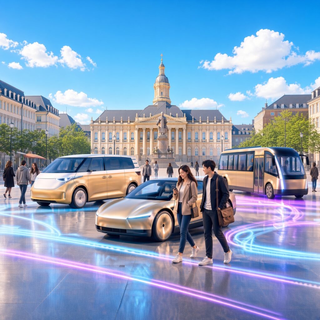 Autonomes Robotaxi und ID Buzz auf dem Münsterplatz in Bonn