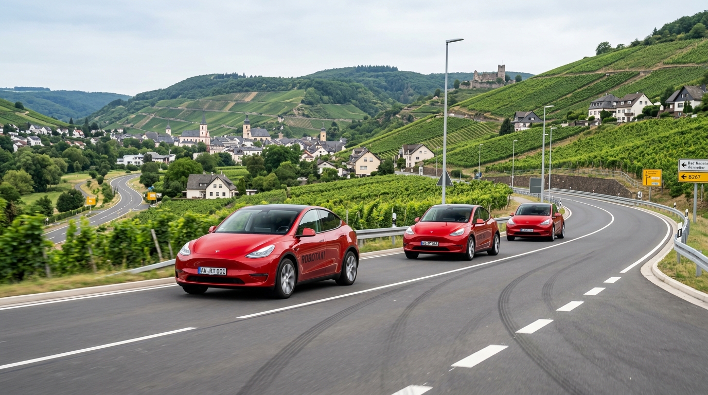 Autonomes Robotaxi in Bad Neuenahr-Ahrweiler vor der Kulisse der Weinberge im Ahrtal.