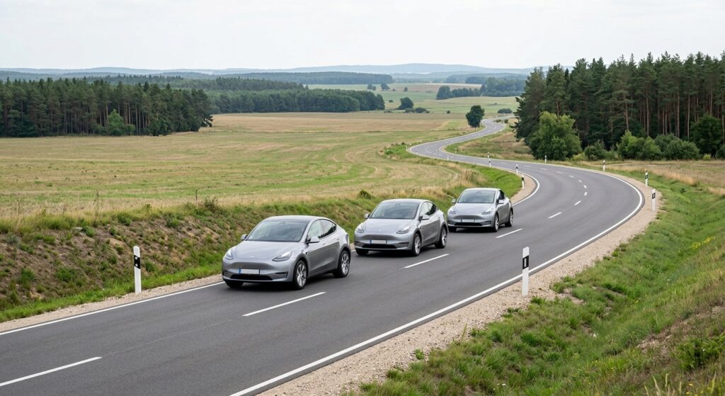 Drei Tesla Model Y als autonome Shuttles auf einer Landstraße in Brandenburg
