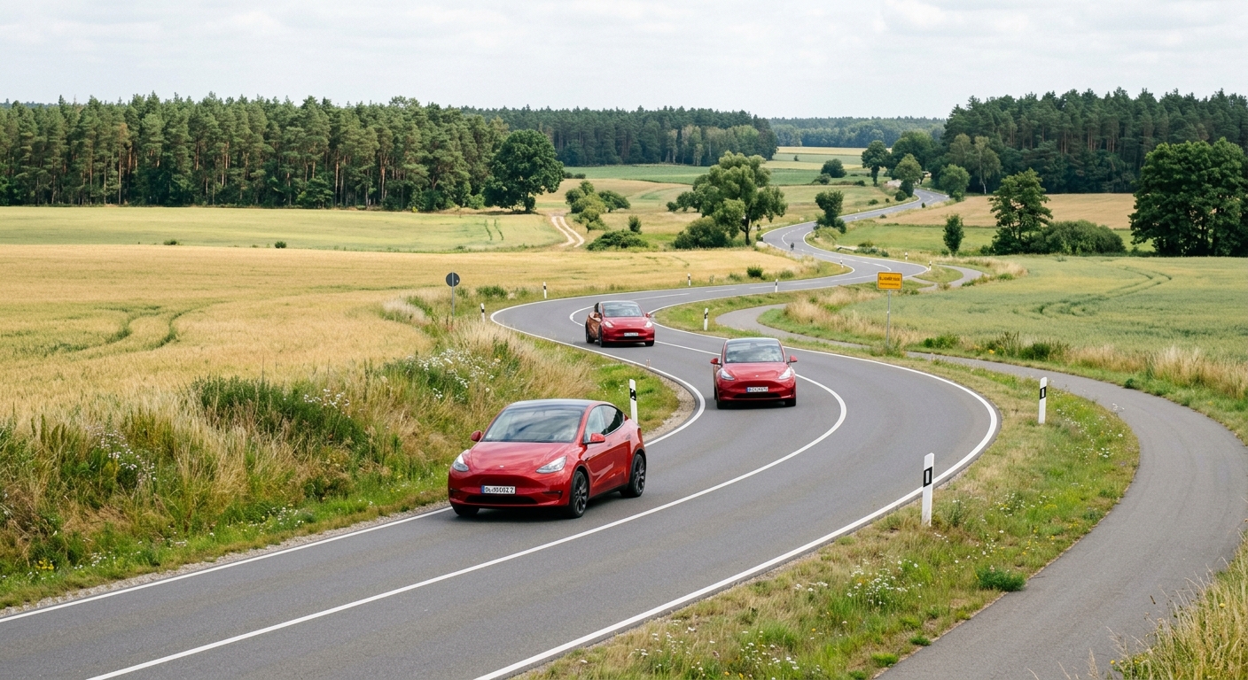 Autonome Shuttles Brandenburg - Tesla Model Y auf einer Landstraße im ländlichen Brandenburg