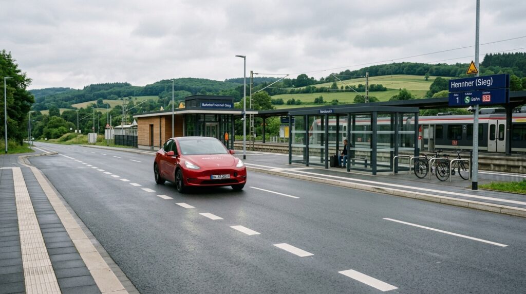 Ab welcher Gemeindegröße rechnet sich ein autonomes Robotaxi-Depot? Symbolbild: Tesla Model Y oder Model YL als Robotaxi im Rhein-Sieg-Kreis.
