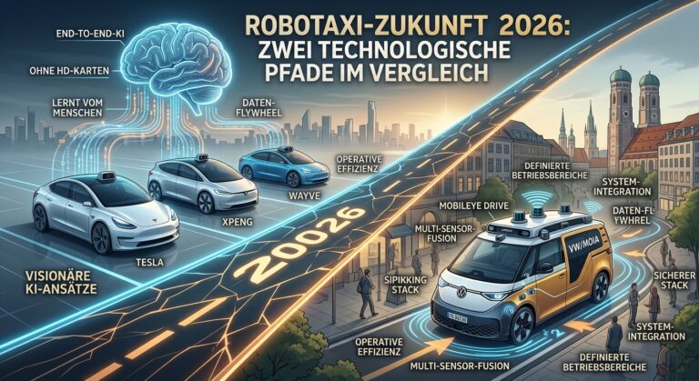 Infografik zum Vergleich der Robotaxi-Technologie 2026 zwischen Wayve Vision-KI und VW MOIA Sensor-Fusion.